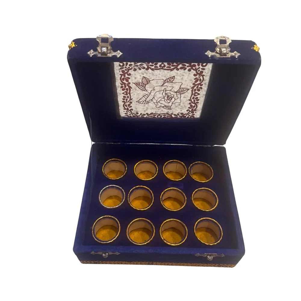 Vintage Blue Velvet Box Persian Design Glass Lid Ornate Trim Display Compartment